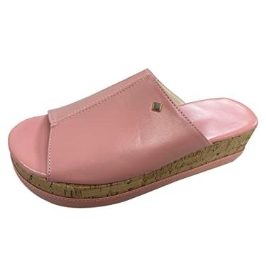 Imagem de Aniywn Sandálias modernas femininas 2022, sandálias deslizantes de plataforma casuais Peep Toe Wedge Mules Sandálias deslizantes de salto alto, rosa, 37
