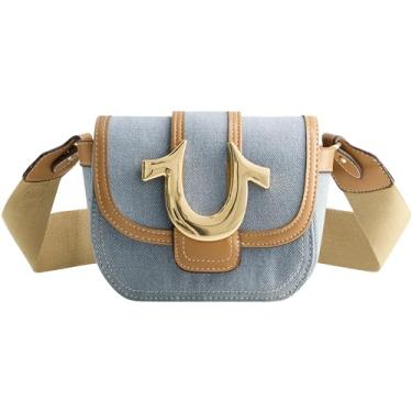 Imagem de True Religion Bolsa tiracolo feminina, mini bolsa de ombro ajustável com aba jeans com logotipo em ferradura, Azul claro