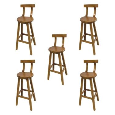 Imagem de Kit 5 Bancos Altos Bistrô de Madeira com Encosto Girafa Ideal para Bar e Restaurante Natural