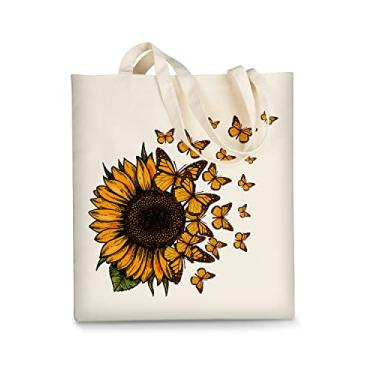 Imagem de AUSVKAI Sacola de lona estética para mulheres, lindas bolsas de algodão reutilizáveis de pano para compras, praia, presentes modernos, Borboletas de girassol, Large