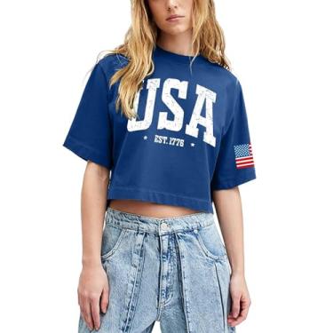 Imagem de PKDong 4th of July Crop Tops for Women USA Camiseta Cool Patriotic Gola Redonda Meninas Casual Feminino Tops Modernos, Azul, P