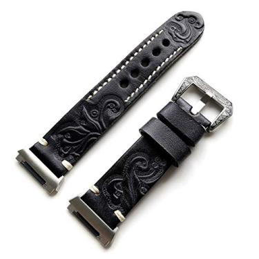Imagem de Pulseira preta com pulseira de couro de luxo genuíno com fivela gravada compatível com Fitbit Ionic GPS Smart Watch com caixa de presente