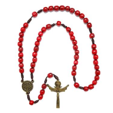 Imagem de Terço de São Bento em Madeira com Medalha e Crucifixo em Metal Vermelho