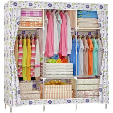 Imagem de Guarda-roupa de lona Guarda-roupa de tecido Guarda-roupa dobrável Organizador de armazenamento de armário com trilho suspenso, prateleiras de guarda-roupa para quarto, branco, 105x46x156cm