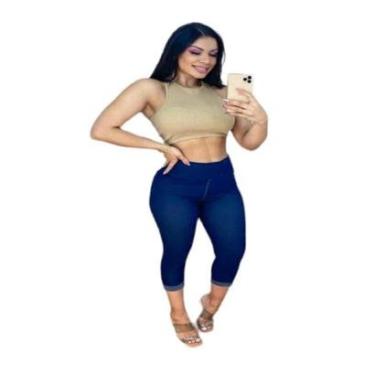 Imagem de Calça Capri Malha Diagonal Jeans Com Barra Dobrada E Bolsos-Feminino
