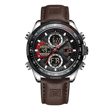 Imagem de NAVIFORCE Relógio de pulso masculino militar digital analógico de quartzo à prova d'água esportivo multifuncional de couro, Prata + preto, Tendência