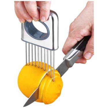 Imagem de Cortador de limão divisor de frutas corte cebola aço inoxidável ultrafino corte doméstico vegetais ferramentas auxiliares acessório de cozinha (prata)