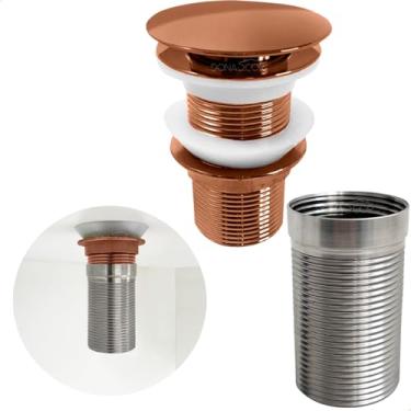 Imagem de Dona D Cor, Valvula Click 1 1/4 Rose Gold Com Prolongador 14cm Inox Para Cuba De Apoio Ralo De Pia Escoamento Valvula Longa Lavatório Cuba De Sobrepor Extensor
