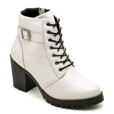 Imagem de Bota Coturno Feminina Couro Cano Médio Tratorada Moderna - Q&A, Branco