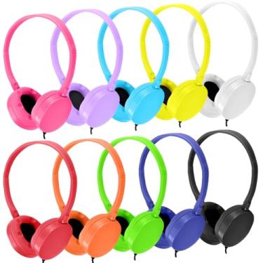 Imagem de Wensdo Fones de ouvido infantis a granel, pacote com 10, multicoloridos para sala de aula, fones de ouvido ajustáveis com fio para estudantes, adolescentes, crianças e adultos (HY104, 10 mistos)