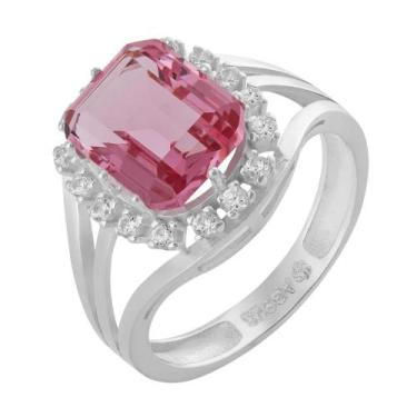 Imagem de Anel de Prata Coleção Queens Cristal Safira Rosa 8x10 e Zircônias Bran