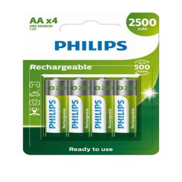 Imagem de 04 Pilhas Bateria AA Philips Recarregável 2500mah 2A Pequena 1 Cartela