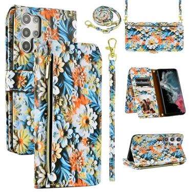 Imagem de Dswteny Capa carteira para Samsung Galaxy S24 Ultra 5G com alça de pulso, alça de ombro, mais de 9 compartimentos para cartões, zíper floral, couro PU, capa para celular para S24Ultra 24S S 24 24Ultra