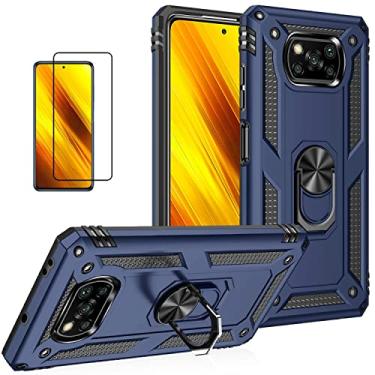 Imagem de Capa para celular Xiaomi POCO X3 NFC/X3 Pro com protetor de tela, proteção militar híbrida resistente à prova de choque Defender Back Protective Cover para xiaomi POCO X3 com suporte de anel (azul)