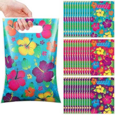 Imagem de Pasimy 120 peças de sacos de lembrancinha de festa de luau, presentes havaianos, tropicais, florais tropicais, suprimentos para petiscos Tiki Luau com alça cortada para festa havaiana Aloha