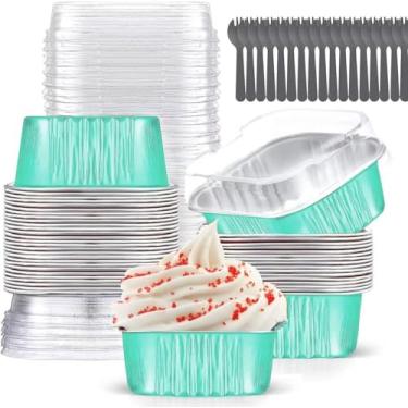 Imagem de Mini formas de bolo com tampas (283,5 g, 40 unidades) 10 x 10 cm folha de alumínio quadrados forros de cupcake copos de brownie, forma grande descartável para cupcake, suportes de ramequins de estanho