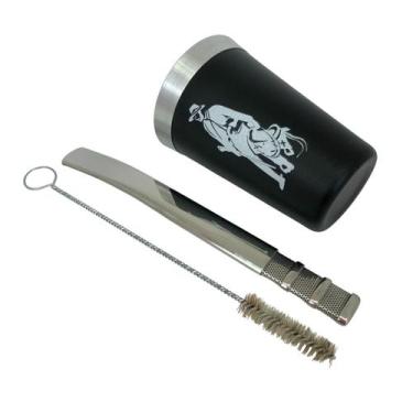 Imagem de Kit tereré cuia copo redondo 200ml alumínio parede dupla preto + bomba