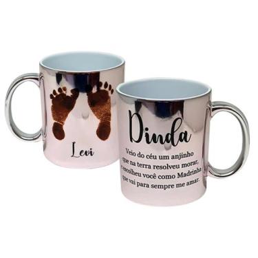 Imagem de Caneca Cromada Rose Mensagem Dinda Madrinha de Batizado Bebê - GMH Pro