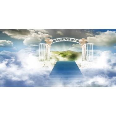 Imagem de DORCEV 6 x 3 m Cenário do Céu Portão do Céu Escada para o Céu Fundo para Fotografia Tema do Céu Enviado Chá de Bebê Batismo Batismo Festa Banner Luz do Céu Eventos da Igreja Adereços de Estúdio Infantil