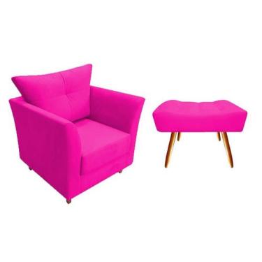 Imagem de Kit Poltrona Decorativa Isis + Puff Retangular Couro Rosa Pink Pés Mad