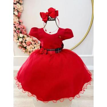 Imagem de Vestido Infantil Vermelho C/ Broche de Flores Natal Festas - clubinho,