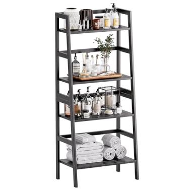 Imagem de HITNET Estante preta, prateleira de escada de 4 camadas, estante inclinada independente com prateleiras de bambu, suporte para plantas de flores que economiza espaço para pequenos espaços