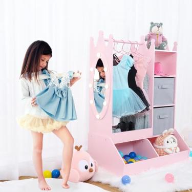 Imagem de GarveeHome Armazenamento de fantasia para meninas, armário infantil com luz, espelho, suporte de roupas e caixa de armazenamento, rosa
