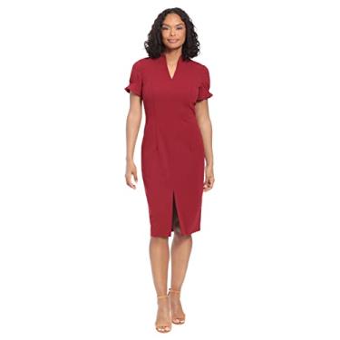 Imagem de London Times Vestido tubinho feminino pequeno com gola aberta e manga bufante com costura, Red Dahlia, 13 Petite