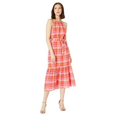 Imagem de Tommy Hilfiger Vestido midi feminino frente única com laço na cintura, Granadina/Rosa choque, 46
