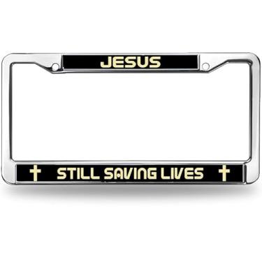 Imagem de Moldura de placa de licença Jesus Still Saving Lives Metal God is The Source Chrome License Plate Frame Bíblia Escritura para presente de aniversário com kit de presente de montagem