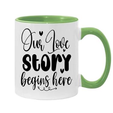 Imagem de SpreadPassion Caneca de café Our Love Story Begins Here, presente para namorado e namorada, ideia de presente de dia dos namorados, presente para marido e esposa, ideia de presente de aniversário do