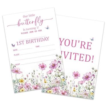 Imagem de Convites de festa de aniversário, convites de festa, convites de aniversário, convites de aniversário de princesa borboleta floral, menina de 1º aniversário, (20 unidades) com envelopes, suprimentos