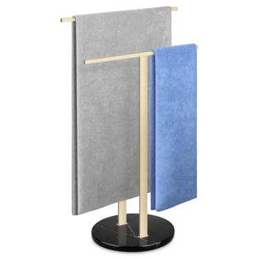 Imagem de Toalheiro de pé com base de mármore preto, suporte de toalha de 2 camadas para piso de banheiro, design estável atualizado, rack de secagem de toalhas em forma de T dourado, aço inoxidável SUS304
