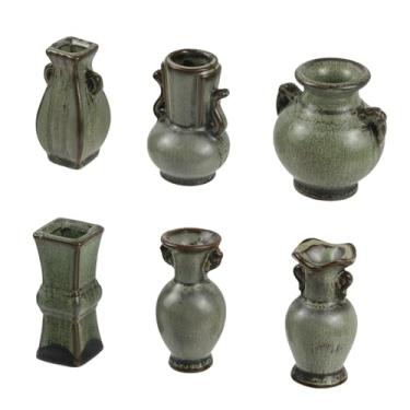 Imagem de KUMGROT Conjunto de 6 vasos pequenos de cerâmica de bronze, mini vaso vintage, mini vasos exclusivos, vasos de flores fofos, vasos de cerâmica para decoração de casa, acessórios de sala de estar,