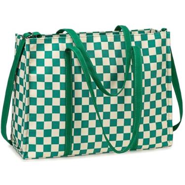 Imagem de Bolsa de ombro feminina de lona de 39.6 cm, bolsa mensageiro de computador, bolsa de professor, pasta de escritório, Xadrez verde-branco, Large