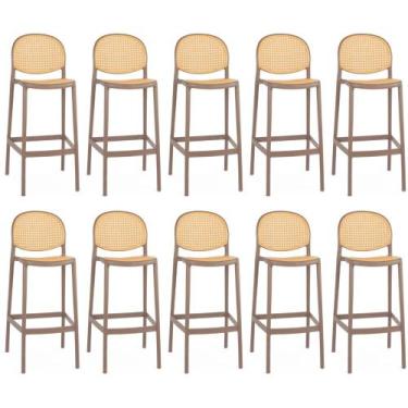 Imagem de Kit 10 Banqueta Alta com Encosto Roma em Polipropileno - Marrom Claro 