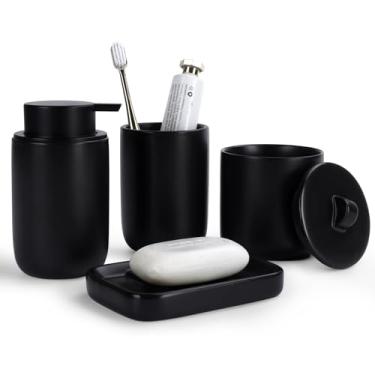 Imagem de BosilunLife Bosilunlife Conjuntos De Acessórios De Banheiro De Cerâmica - Conjuntos De Penteadeira De Banheiro Preto Acessórios Dispensador De Sabão Conjunto De Porta-Escovas De Dentes, Saboneteira