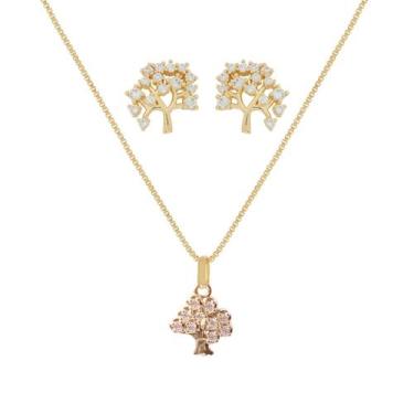 Imagem de Conjunto Kit Colar e Brinco Arvore da Vida Semi Joias Banhado Ouro 18k