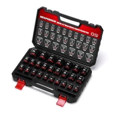 Imagem de MIXPOWER Conjunto de 26 soquetes de impacto raso de 1/5.1 cm, 12 pontos, métrico, 10-36 mm, CR-MO, soquete de grau de impacto de porca de eixo para fácil remoção