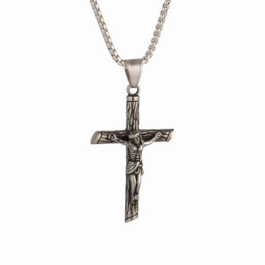 Imagem de Colar masculino com pingente de cruz de grão de madeira Jesus, colar de cruz de aço inoxidável 316L, corrente quadrada de pérola de aço inoxidável prata, presente de joia retrô, Standard, Aço