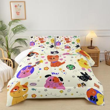 Imagem de lneffble Conjunto de edredom casal de gato e cachorro, animal fofo, raposa vermelha, arco-íris, rosa, coração, decoração de quarto, 1 edredom e 2 fronhas