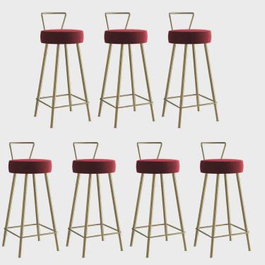 Imagem de Kit 07 Banqueta Alta Com Encosto Tais Eiffel Cozinha Bar Bistrô Ferro Dourado Sintético Vermelho - Ahz Móveis