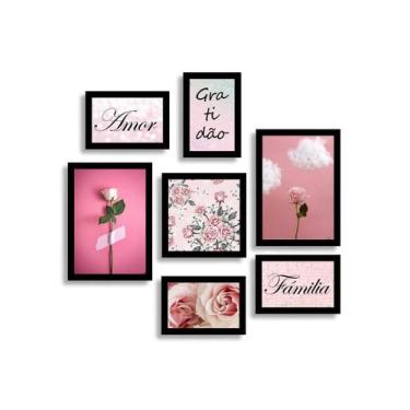 Imagem de Kit 7 Quadros Decorativos Placas Floral Familia Gratidão Rosa - NoBran