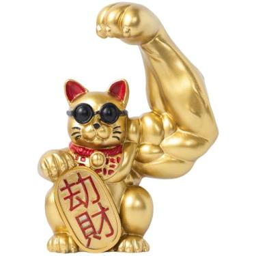 Imagem de HODESunPure Muscle Arm Estátua de gato da sorte decorações chinesas Maneki Neko Fortune Cat para abertura de loja, escritório, caixa registradora, decoração de mesa (vermelho)