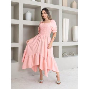 Imagem de Vestido midi de ponta liso crepinho lastex  Manga Curto - NoBrand, Ros