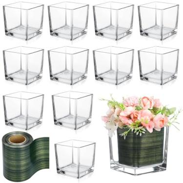 Imagem de Kritkin 12 vasos quadrados de vidro 12 x 12 rolos de 12 cm x 30 metros de fita floral de folha de vidro transparente, vasos de flores quadrados, centros de mesa, castiçais para eventos de casamento