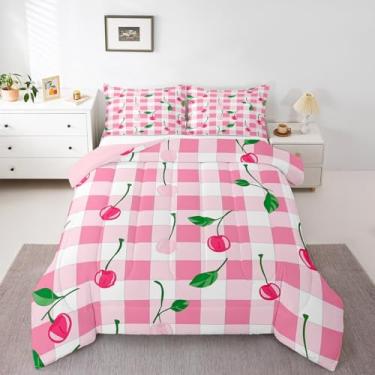 Imagem de jejeloiu Jogo de cama solteiro com estampa xadrez de búfalo e folhas de frutas frescas para meninos e meninas, adolescentes, rosa, branco, xadrez, moderno, arte abstrata, edredom para decoração de