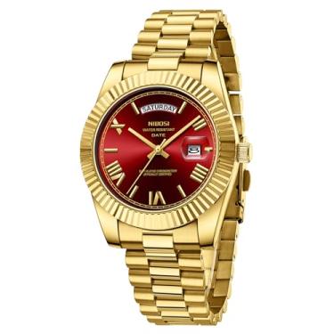 Imagem de NIBOSI Relógio masculino analógico, quartzo, aço inoxidável, ouro rosa, prata, à prova d'água, negócios, design clássico, com data, A04 - dourado e vermelho