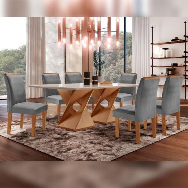 Imagem de Conjunto Sala De Jantar Genova Tampo Vidro/Mdf Com 6 Cadeiras Luísa Smart Plus Cel Móveis Cinamomo/Off White/Cinza