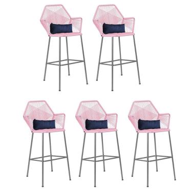 Imagem de Kit 05 Banqueta Alta Com Encosto Sttar Ferro Prata Fibra Rosa Bebê Almofada Suede Azul Marinho